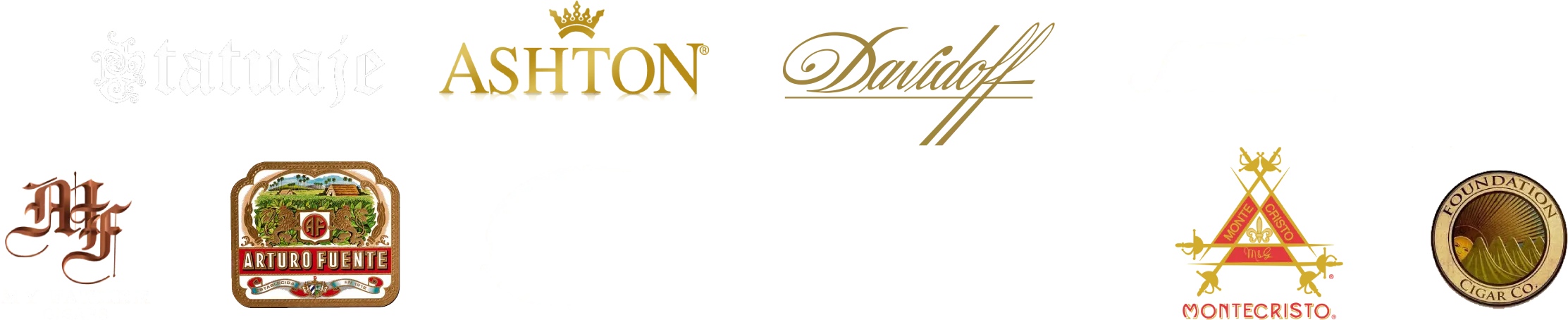 Premium cigar and accessory brands at Churchill's Fine Cigars Phoenix — including Davidoff, Arturo Fuente, Padrón, Ashton, Liga Privada, Tatuaje, Montecristo, S.T. Dupont, Xikar, Foundation, and My Father Cigars.