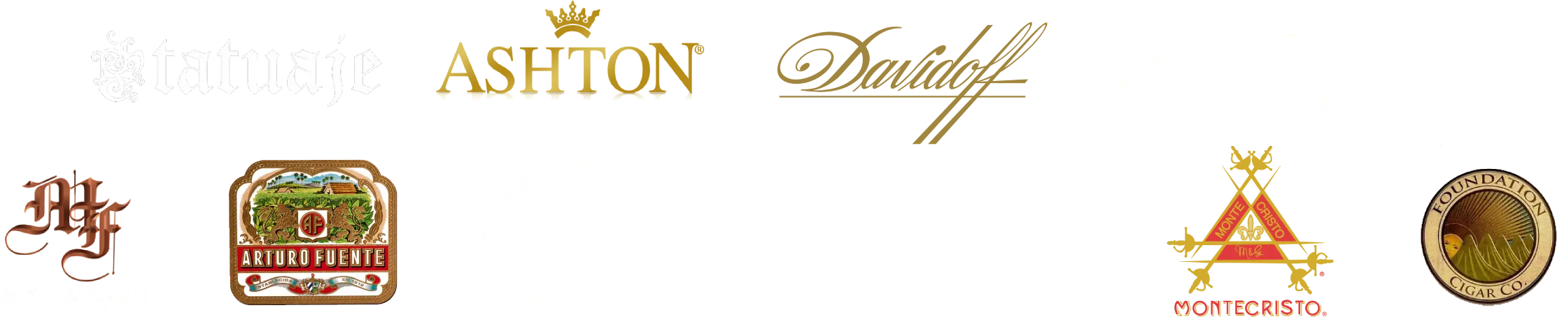 Premium cigar and accessory brands at Churchill's Fine Cigars Glendale — including Davidoff, Arturo Fuente, Padrón, Ashton, Liga Privada, Tatuaje, Montecristo, S.T. Dupont, Xikar, Foundation, and My Father Cigars.